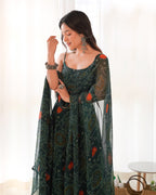 Lorenvalley Women Soft Chiffon Bandhej Fabric Print Fully Flair Anarkali With Pant Dupatta Set - Green