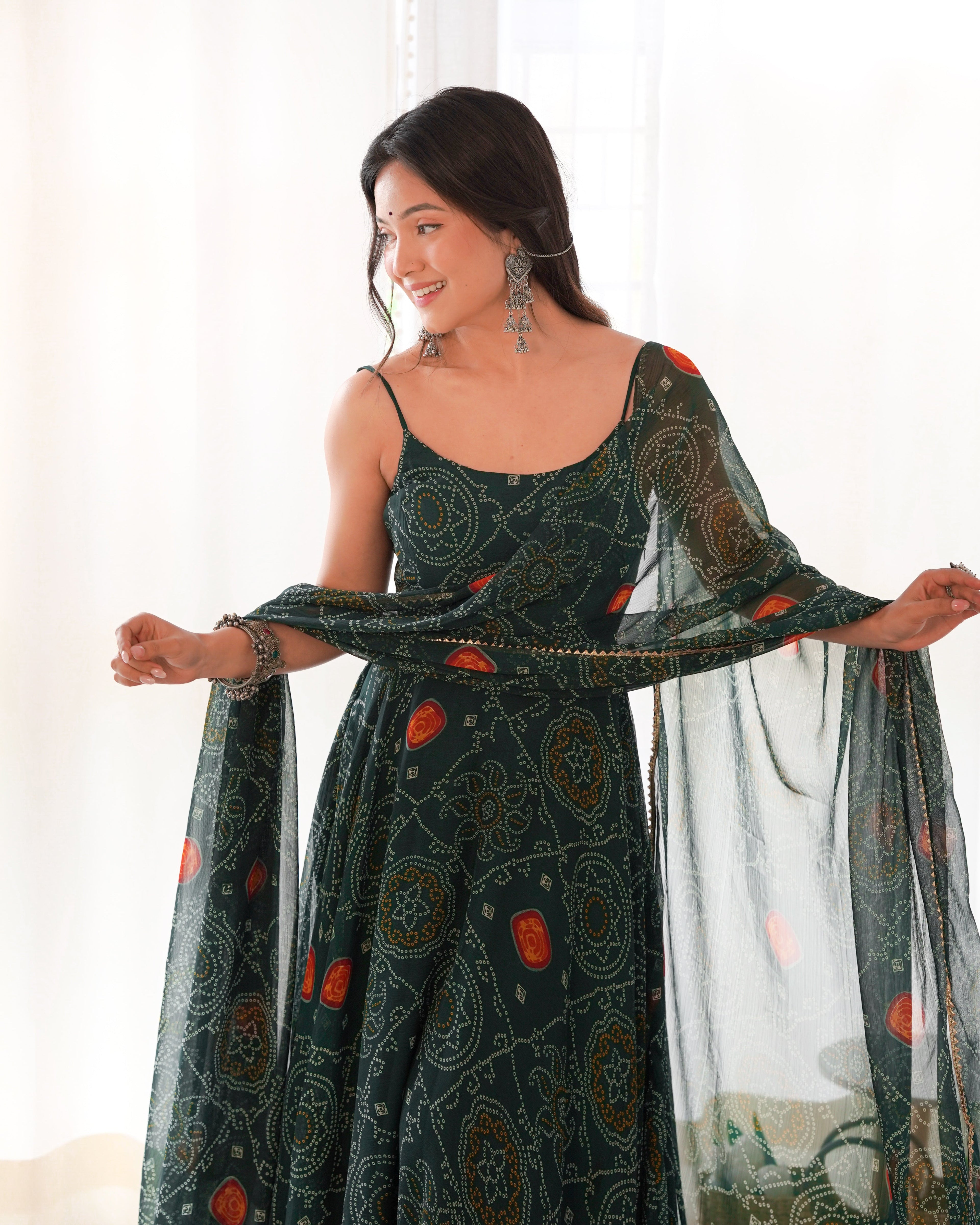 Lorenvalley Women Soft Chiffon Bandhej Fabric Print Fully Flair Anarkali With Pant Dupatta Set - Green
