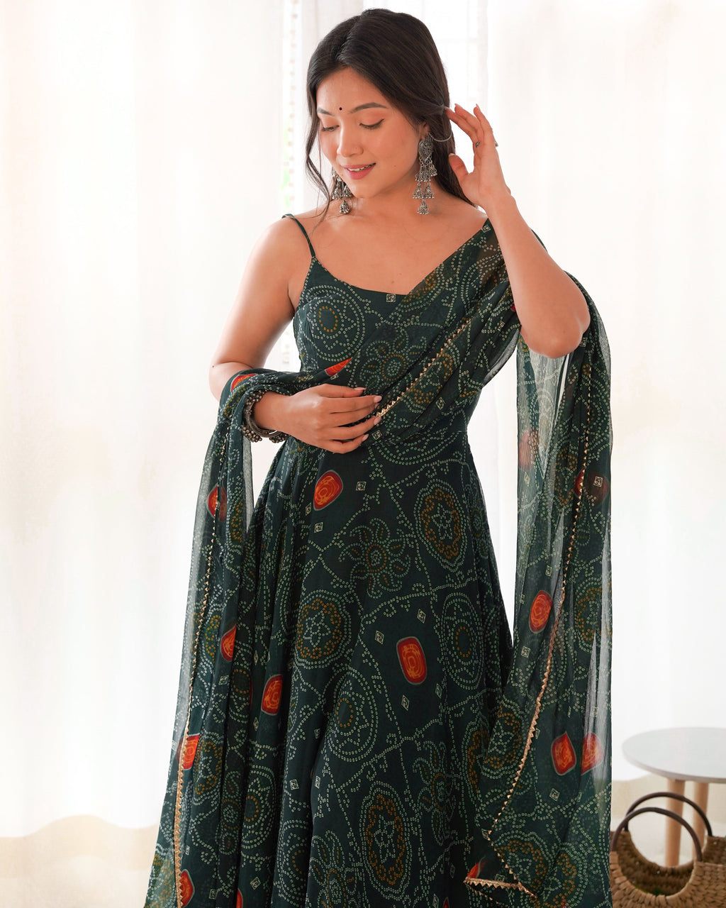 Lorenvalley Women Soft Chiffon Bandhej Fabric Print Fully Flair Anarkali With Pant Dupatta Set - Green