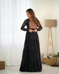 Lorenvalley Women Pure Soft Faux Georgette Leheriya Print Anarkali Gown - Black
