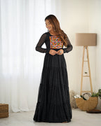 Lorenvalley Women Pure Soft Faux Georgette Leheriya Print Anarkali Gown - Black
