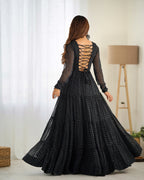 Lorenvalley Women Pure Soft Faux Georgette Leheriya Print Anarkali Gown - Black