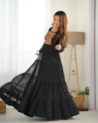 Lorenvalley Women Pure Soft Faux Georgette Leheriya Print Anarkali Gown - Black