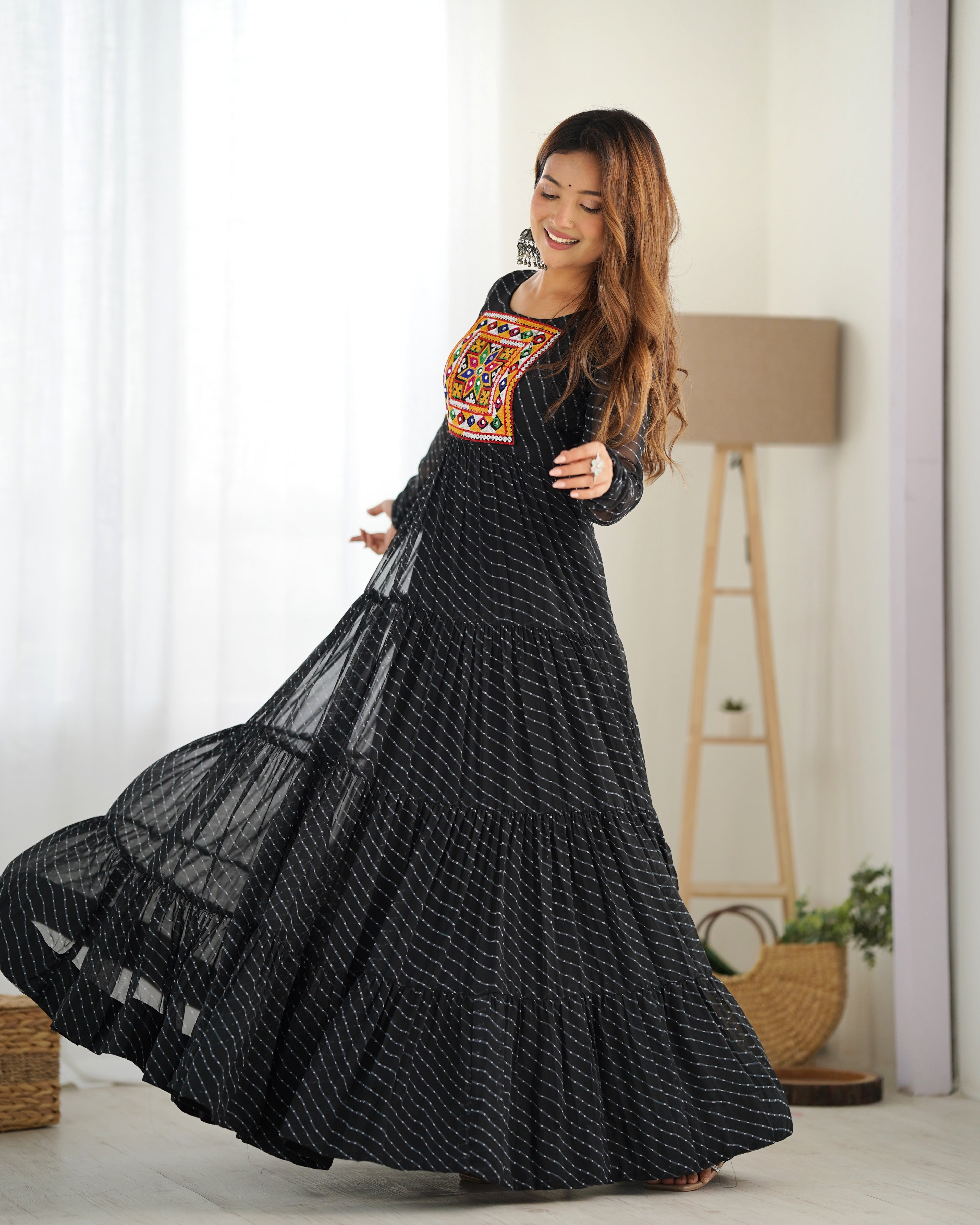 Lorenvalley Women Pure Soft Faux Georgette Leheriya Print Anarkali Gown - Black