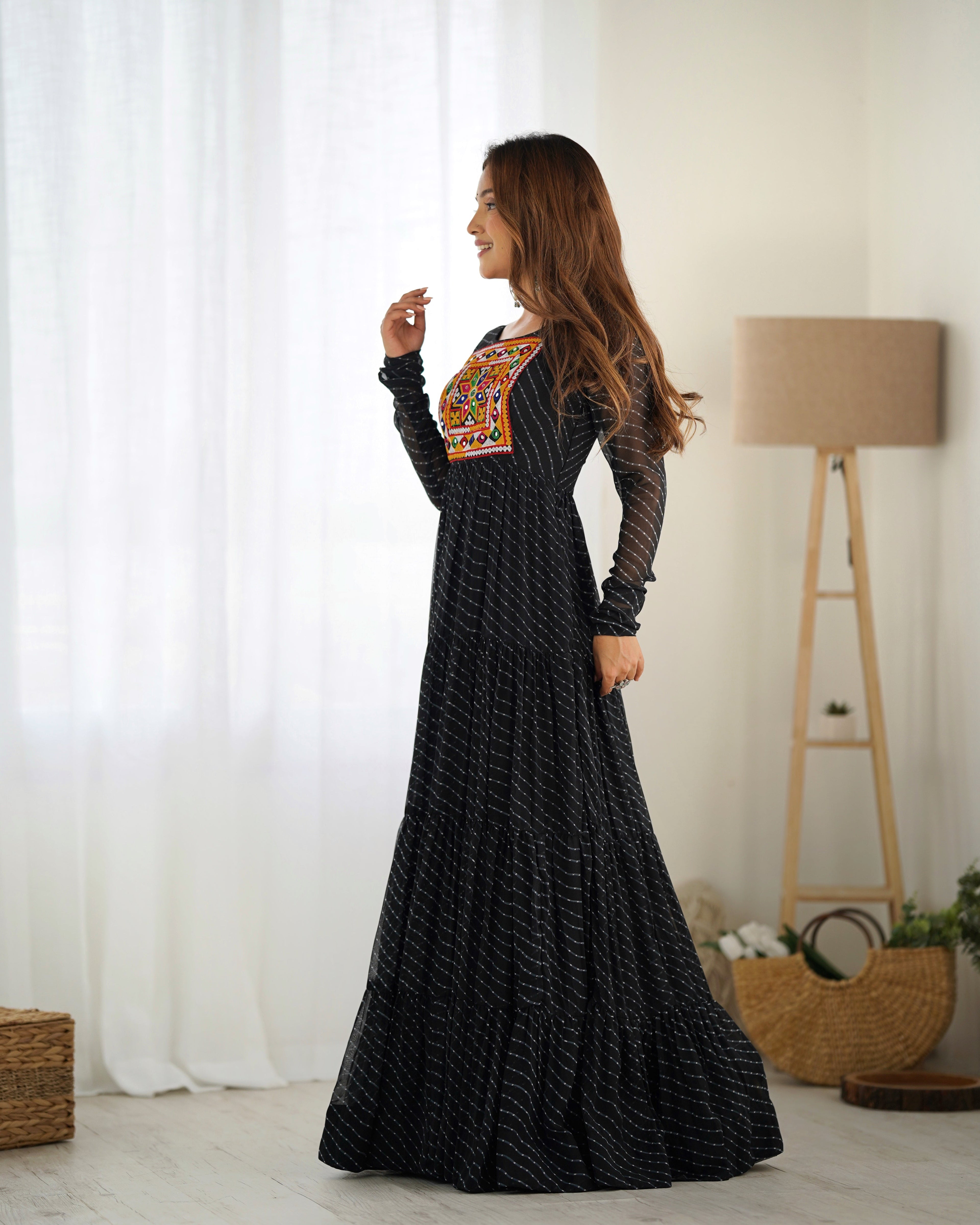 Lorenvalley Women Pure Soft Faux Georgette Leheriya Print Anarkali Gown - Black