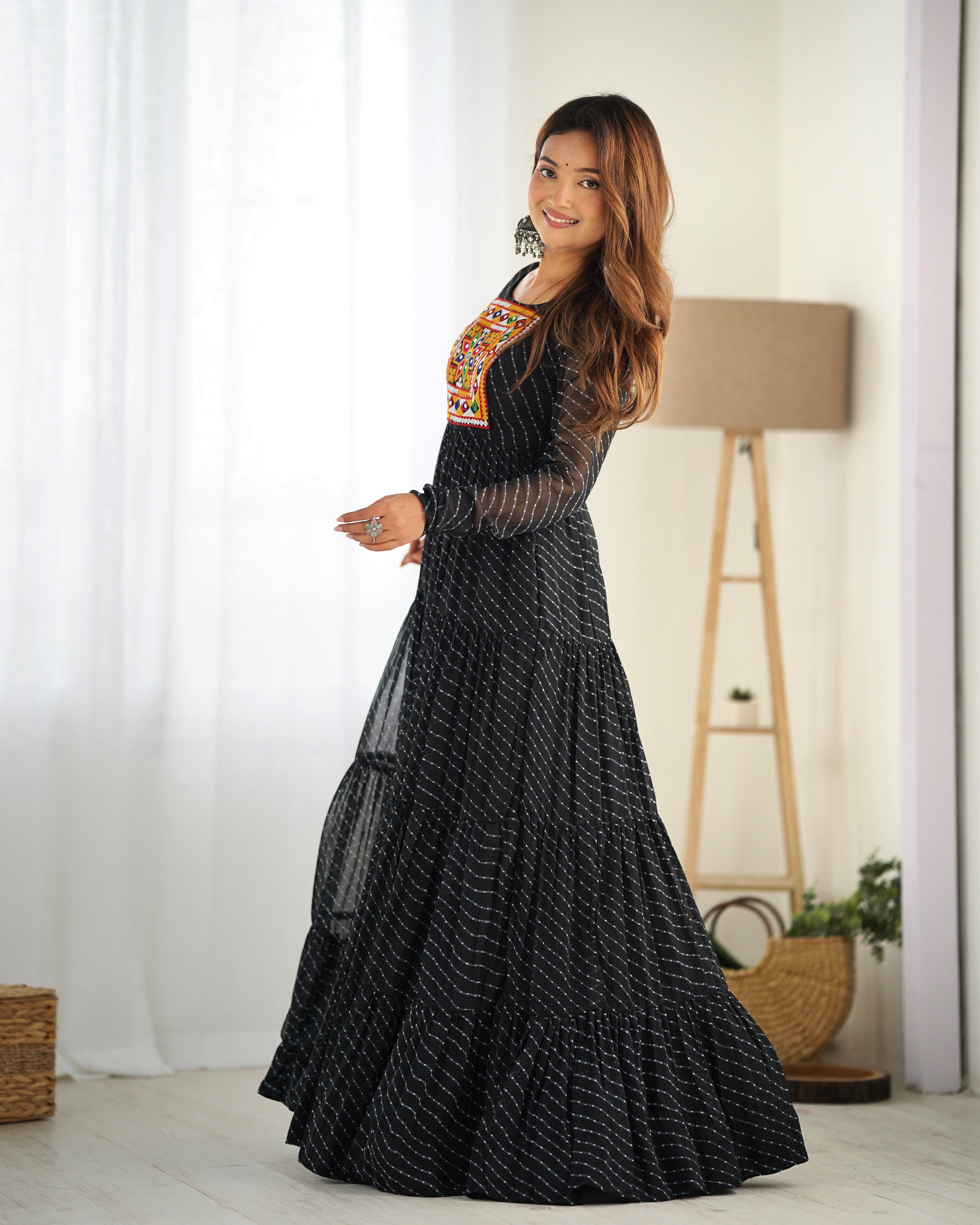 Lorenvalley Women Pure Soft Faux Georgette Leheriya Print Anarkali Gown - Black