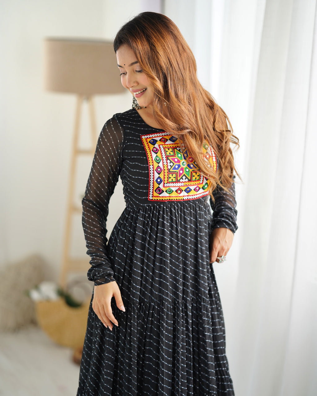 Lorenvalley Women Pure Soft Faux Georgette Leheriya Print Anarkali Gown - Black