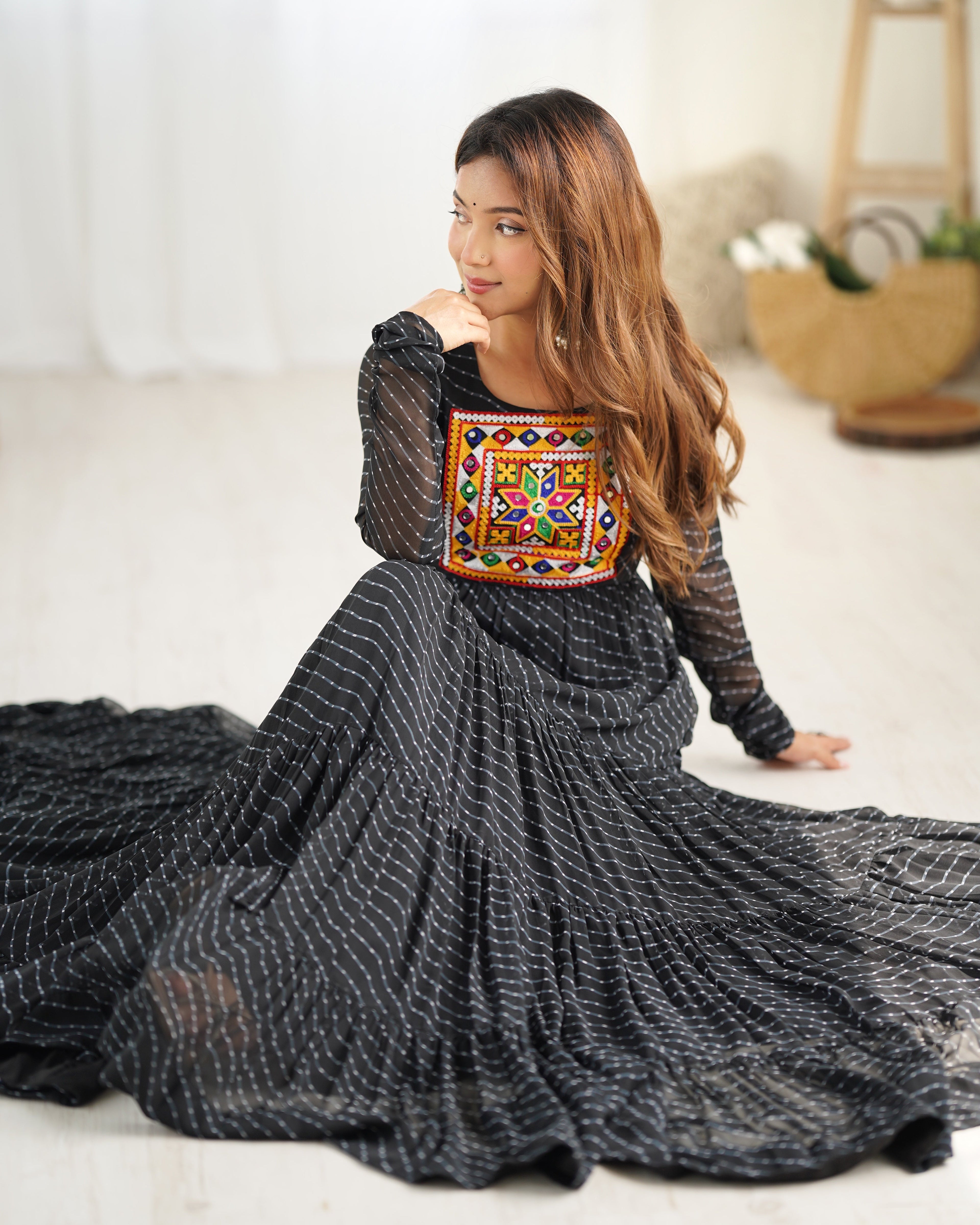 Lorenvalley Women Pure Soft Faux Georgette Leheriya Print Anarkali Gown - Black