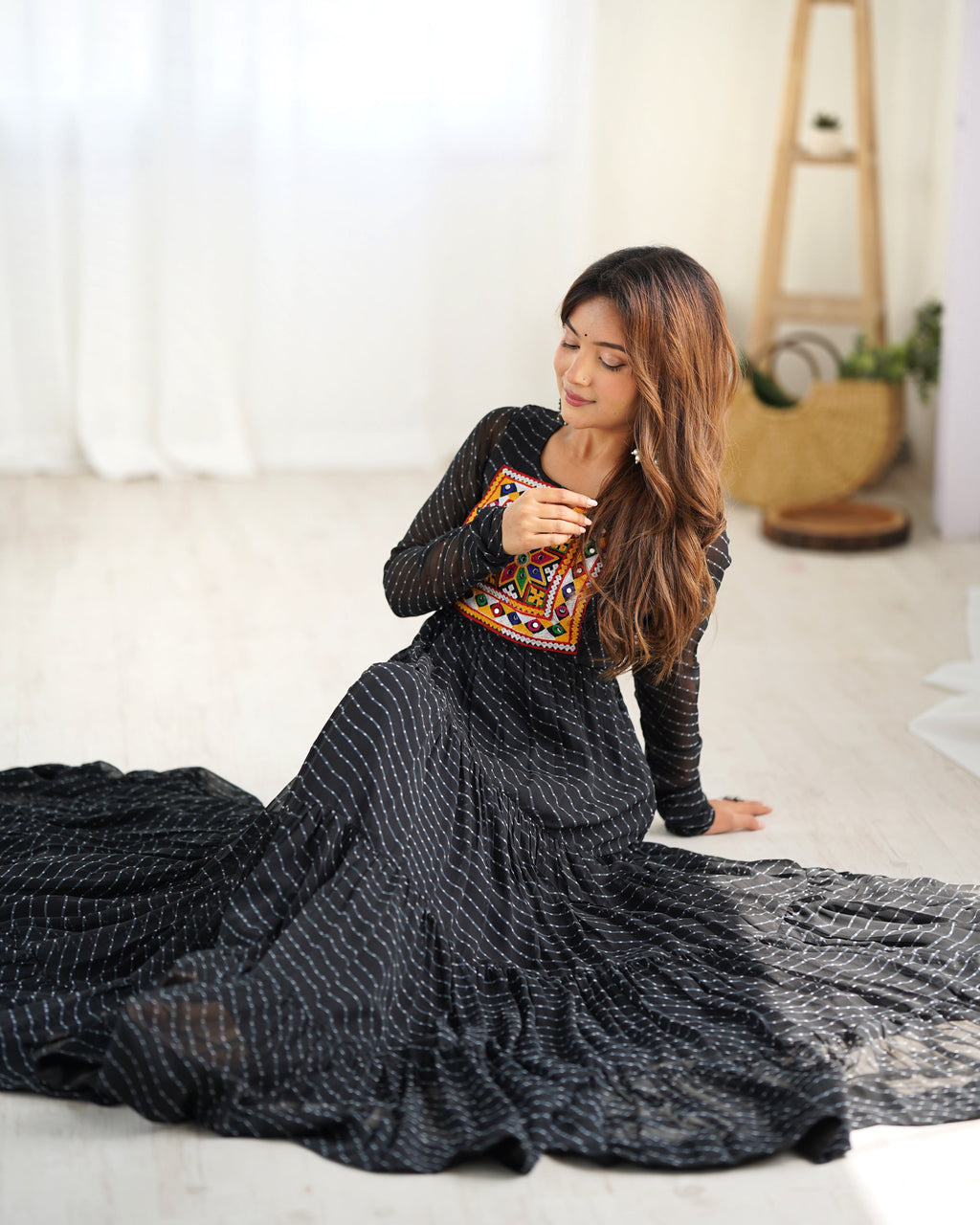 Lorenvalley Women Pure Soft Faux Georgette Leheriya Print Anarkali Gown - Black