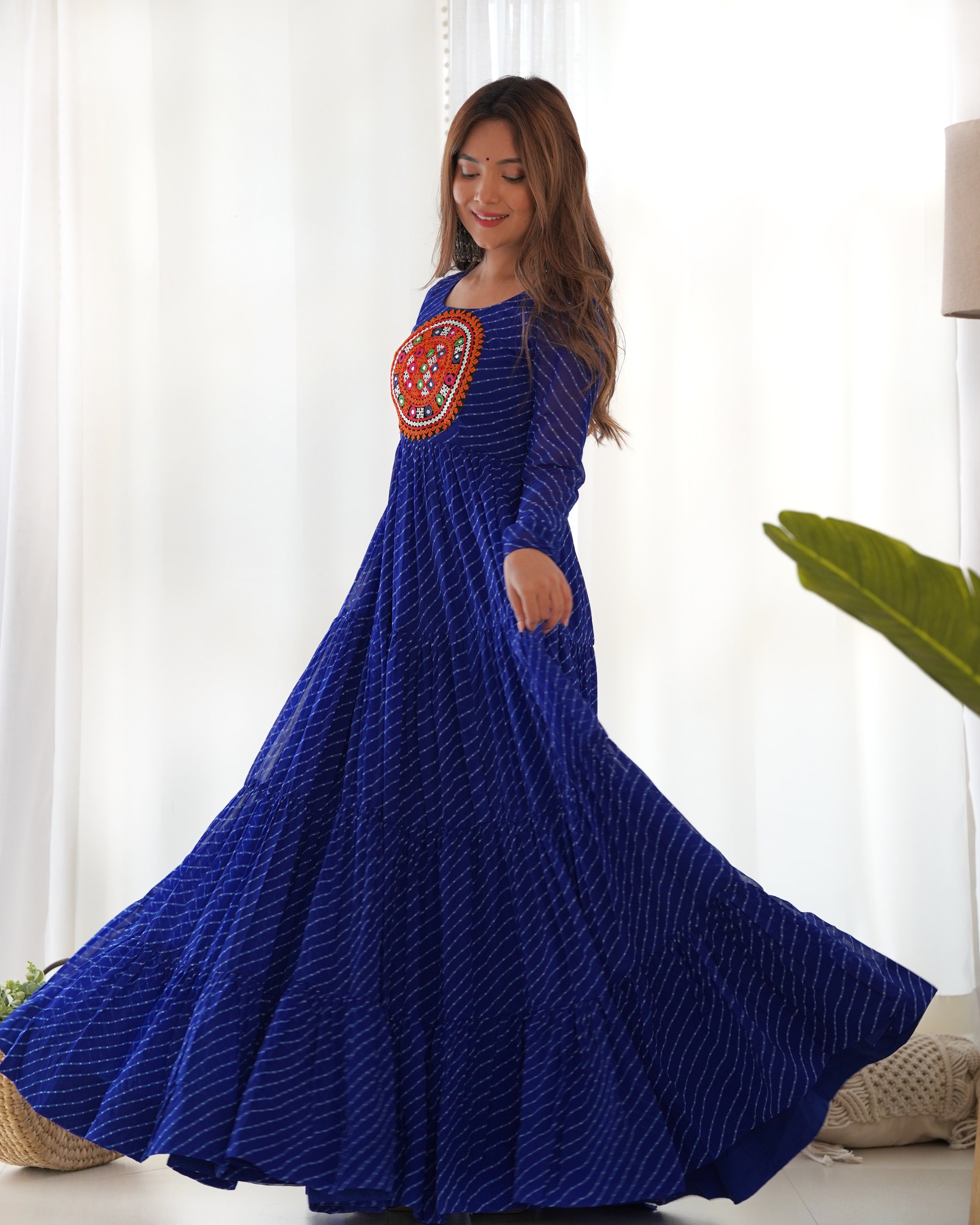 Lorenvalley Women Pure Soft Faux Georgette Leheriya Print Anarkali Gown - Blue