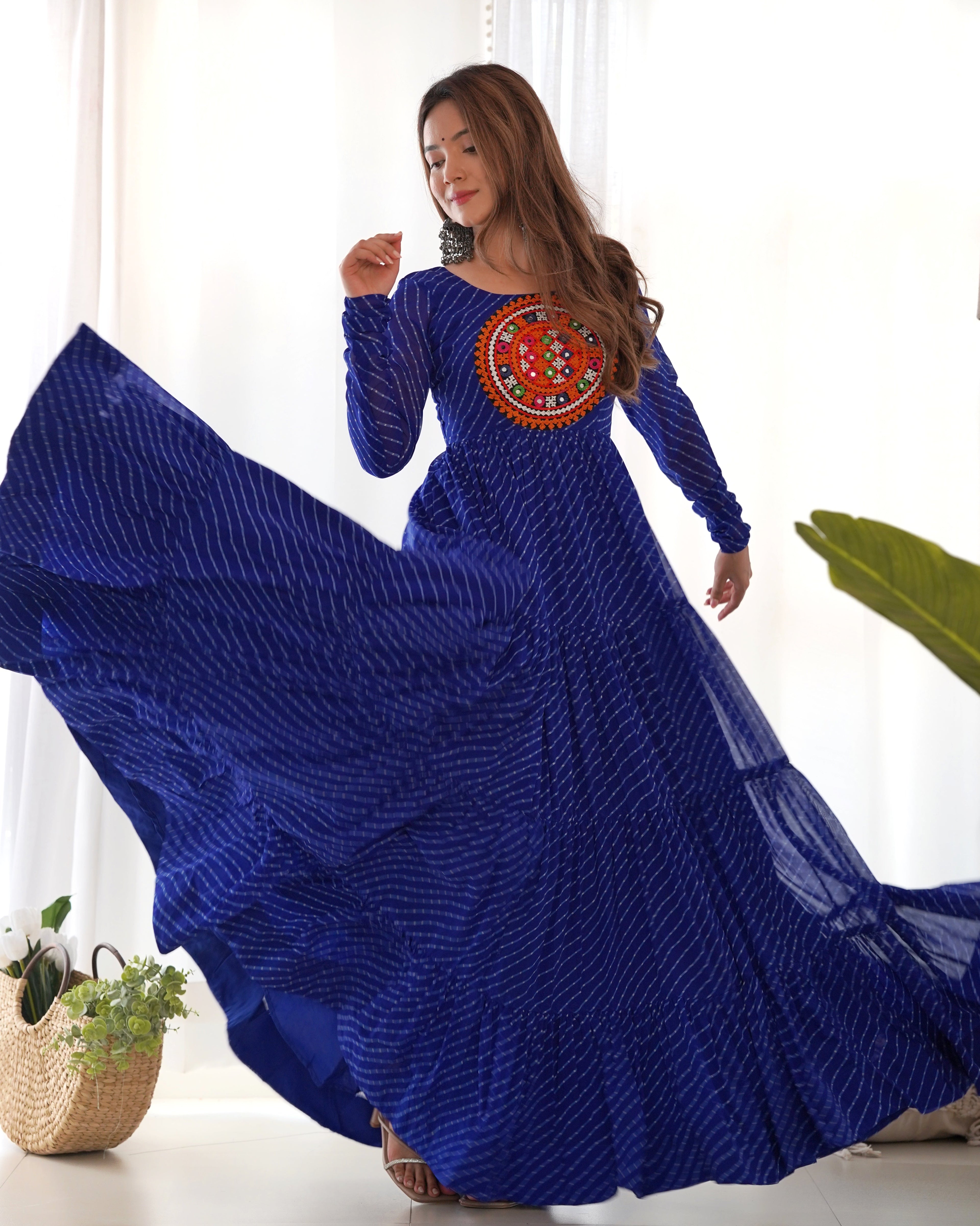 Lorenvalley Women Pure Soft Faux Georgette Leheriya Print Anarkali Gown - Blue
