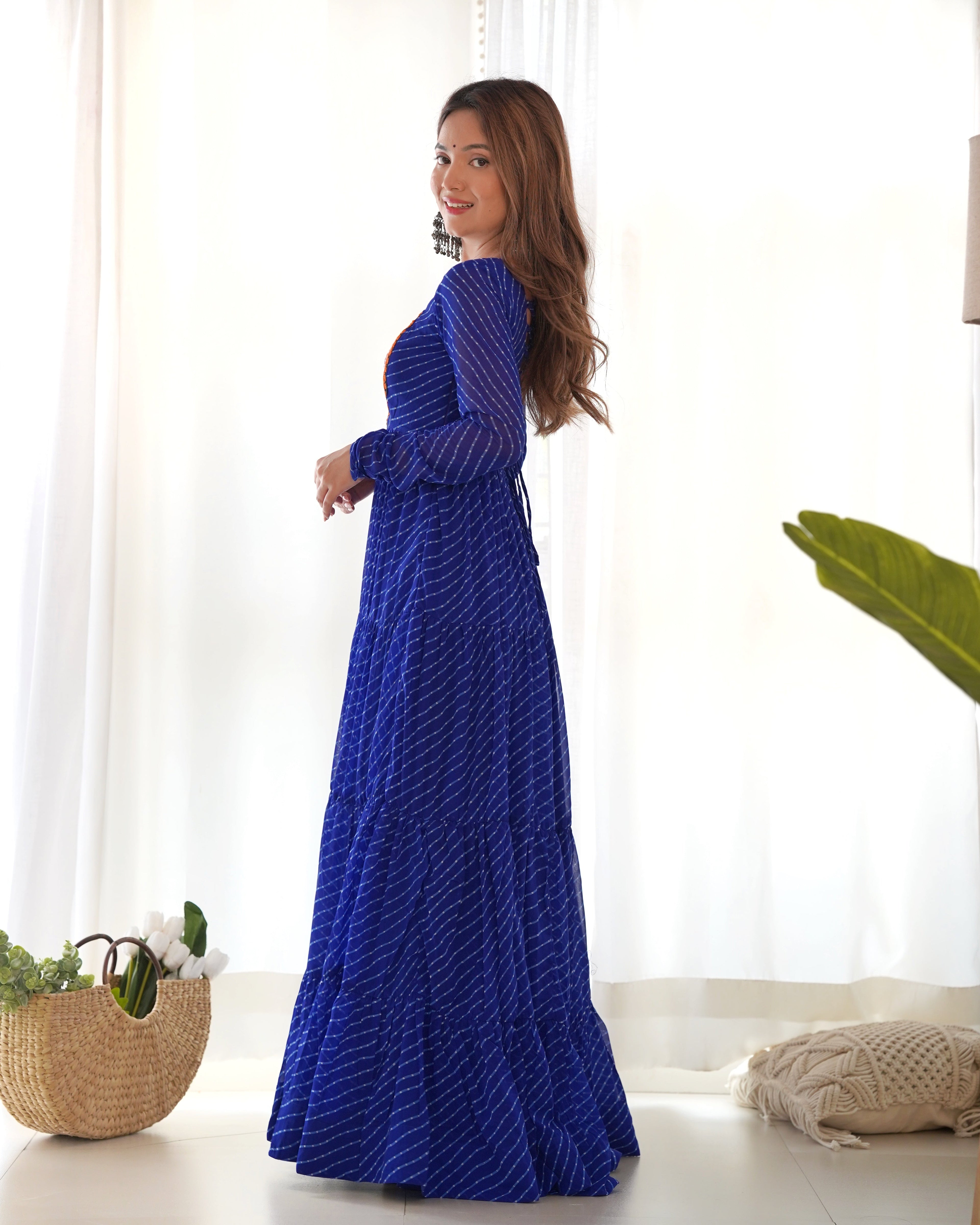 Lorenvalley Women Pure Soft Faux Georgette Leheriya Print Anarkali Gown - Blue