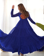 Lorenvalley Women Pure Soft Faux Georgette Leheriya Print Anarkali Gown - Blue