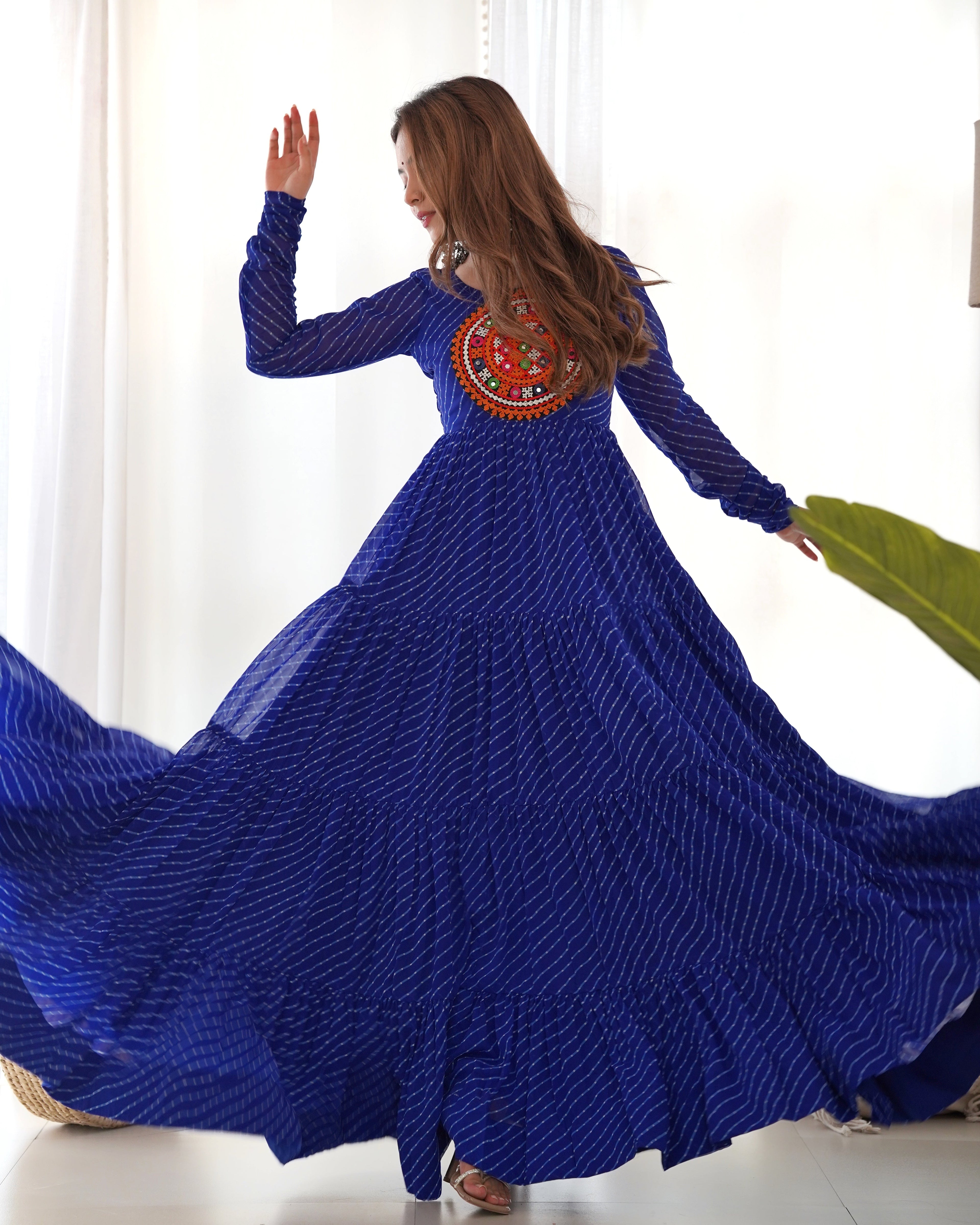 Lorenvalley Women Pure Soft Faux Georgette Leheriya Print Anarkali Gown - Blue