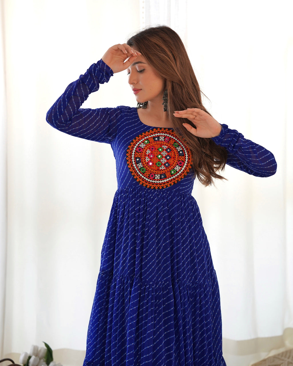 Lorenvalley Women Pure Soft Faux Georgette Leheriya Print Anarkali Gown - Blue