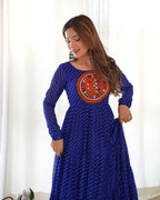 Lorenvalley Women Pure Soft Faux Georgette Leheriya Print Anarkali Gown - Blue