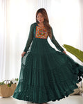 Lorenvalley Women Pure Soft Faux Georgette Leheriya Print Anarkali Gown - Green