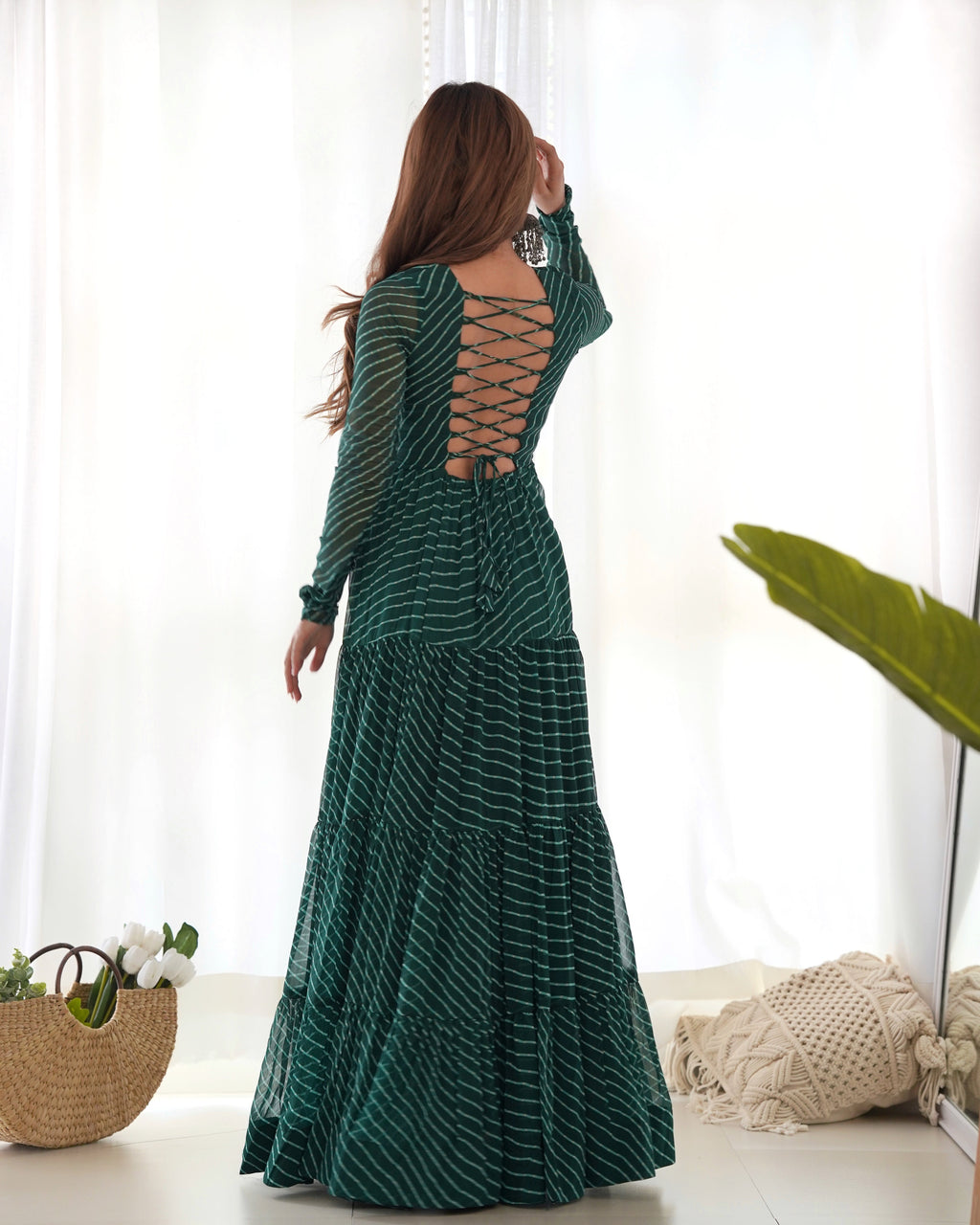 Lorenvalley Women Pure Soft Faux Georgette Leheriya Print Anarkali Gown - Green
