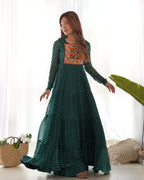 Lorenvalley Women Pure Soft Faux Georgette Leheriya Print Anarkali Gown - Green