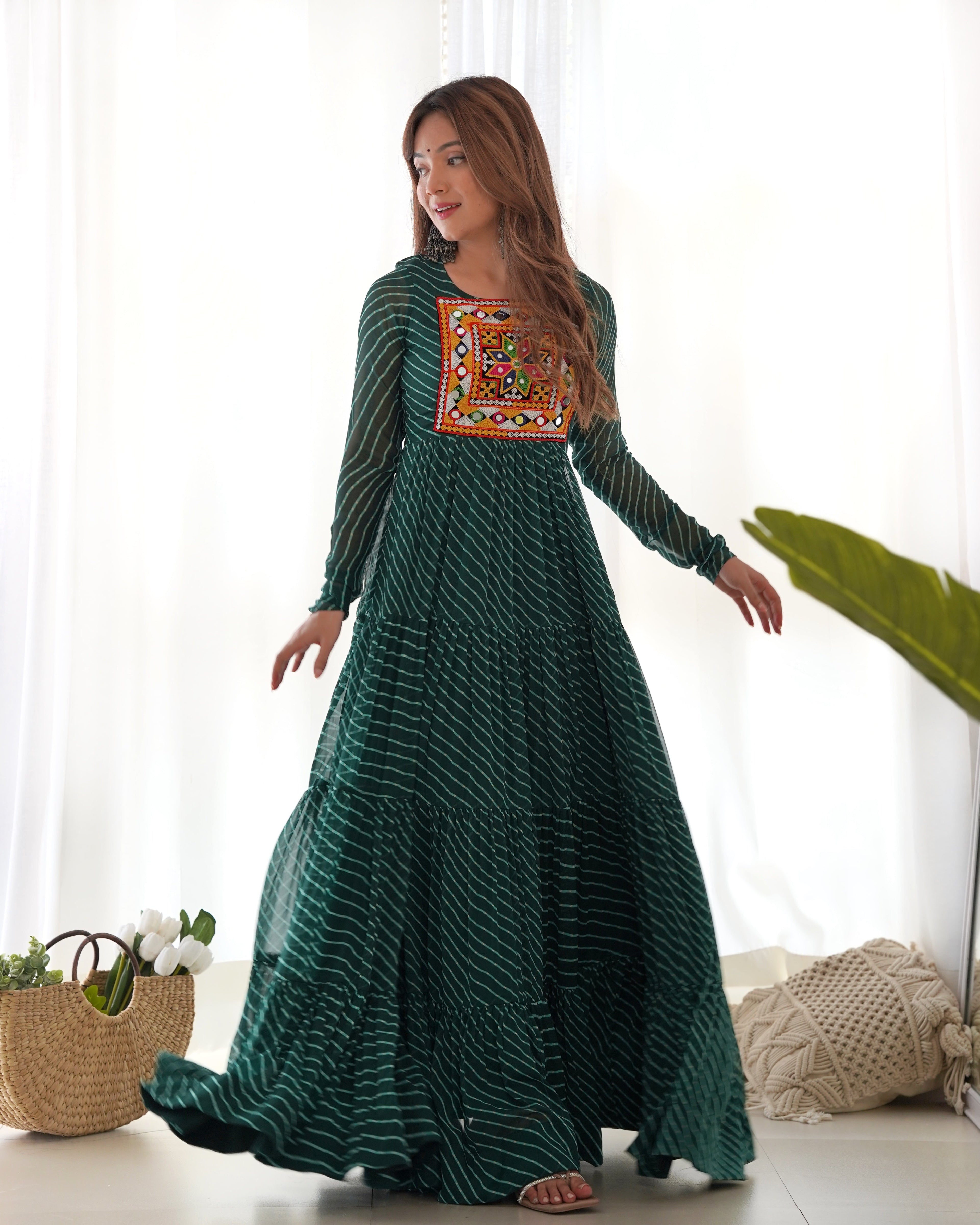 Lorenvalley Women Pure Soft Faux Georgette Leheriya Print Anarkali Gown - Green