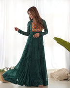 Lorenvalley Women Pure Soft Faux Georgette Leheriya Print Anarkali Gown - Green