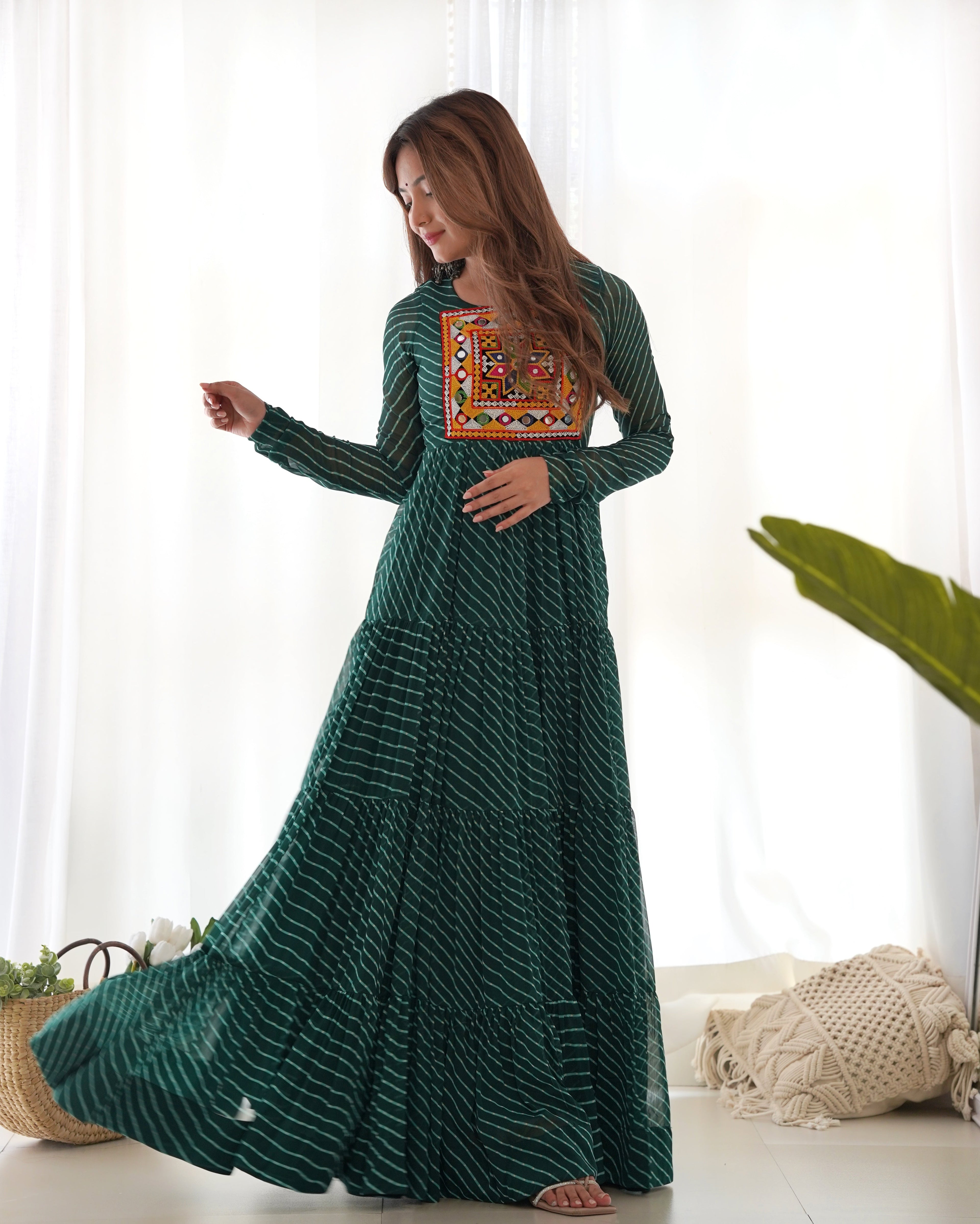 Lorenvalley Women Pure Soft Faux Georgette Leheriya Print Anarkali Gown - Green