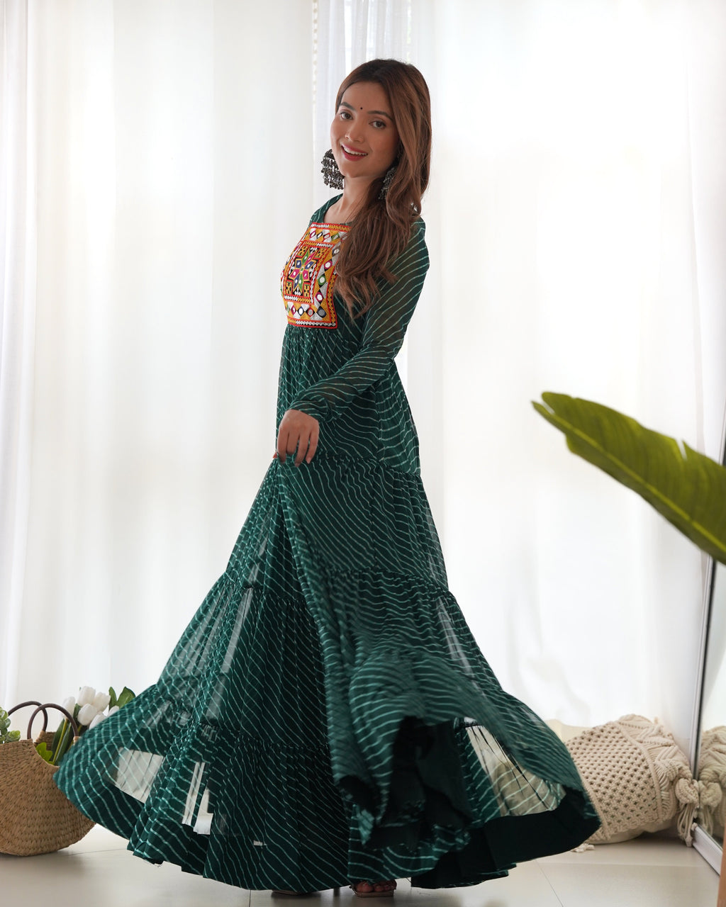 Lorenvalley Women Pure Soft Faux Georgette Leheriya Print Anarkali Gown - Green