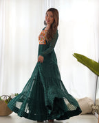 Lorenvalley Women Pure Soft Faux Georgette Leheriya Print Anarkali Gown - Green