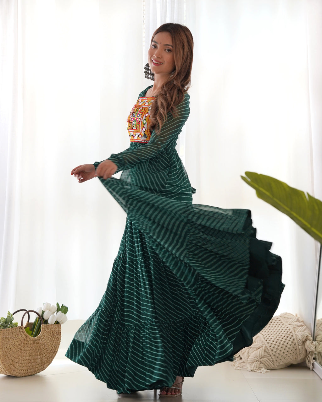 Lorenvalley Women Pure Soft Faux Georgette Leheriya Print Anarkali Gown - Green