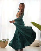 Lorenvalley Women Pure Soft Faux Georgette Leheriya Print Anarkali Gown - Green