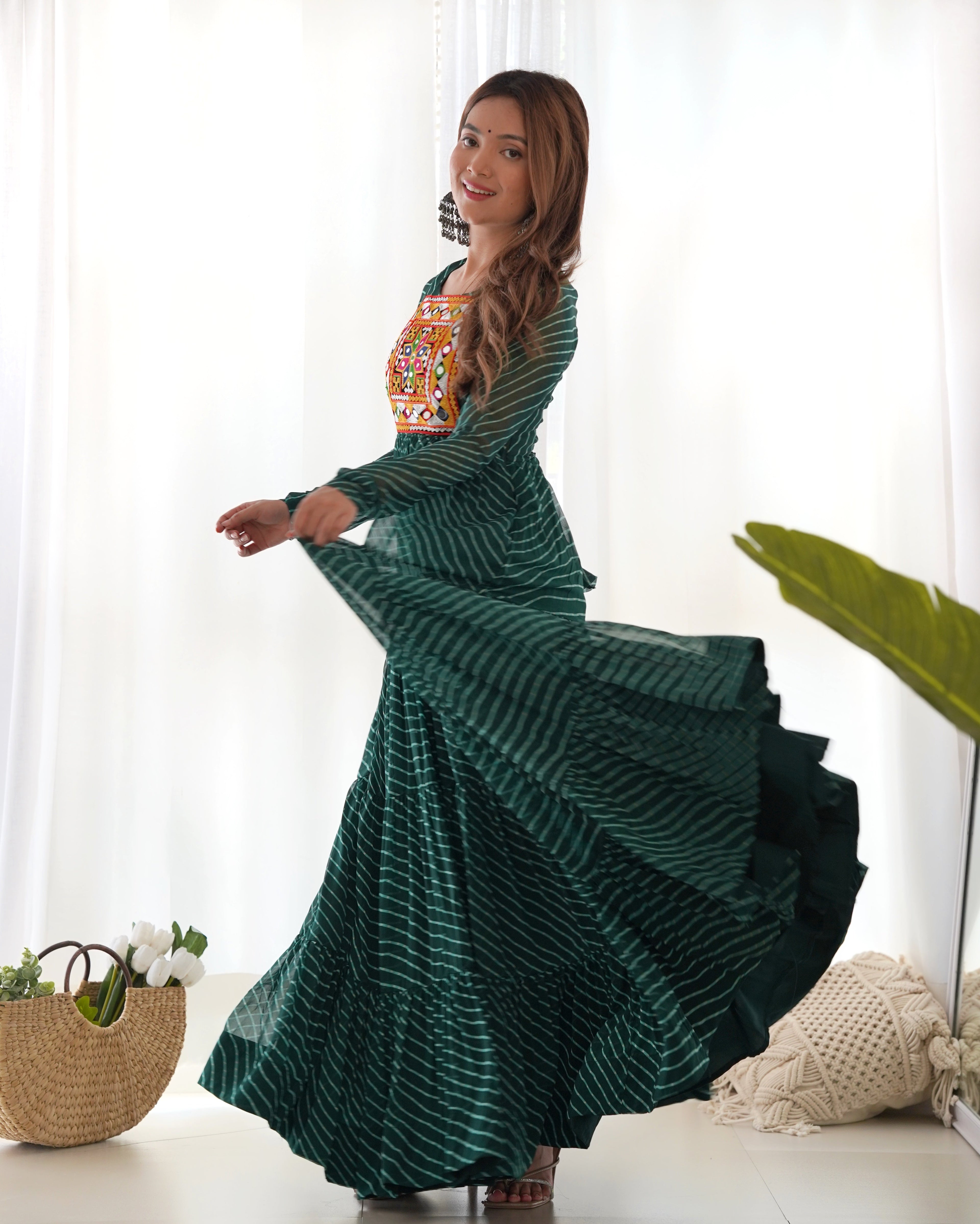 Lorenvalley Women Pure Soft Faux Georgette Leheriya Print Anarkali Gown - Green