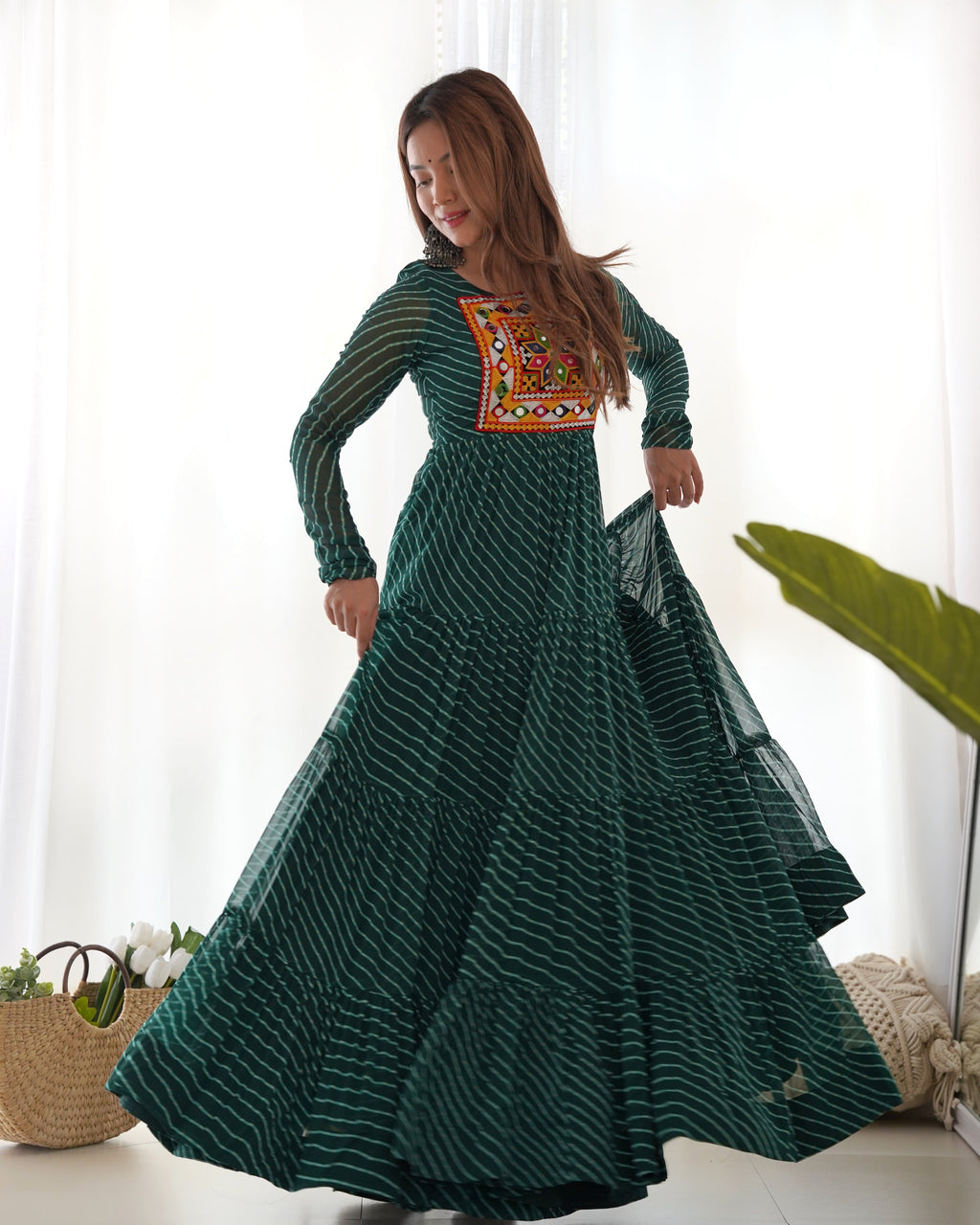 Lorenvalley Women Pure Soft Faux Georgette Leheriya Print Anarkali Gown - Green