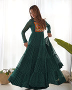 Lorenvalley Women Pure Soft Faux Georgette Leheriya Print Anarkali Gown - Green