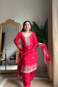 Evanik Designer Red Chinon With Beads Embroidered Work Kurta Set