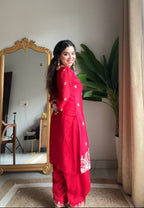 Evanik Designer Red Chinon With Beads Embroidered Work Kurta Set