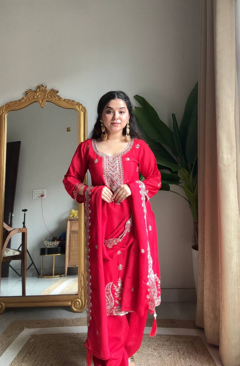 Evanik Designer Red Chinon With Beads Embroidered Work Kurta Set
