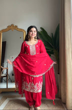 Evanik Designer Red Chinon With Beads Embroidered Work Kurta Set