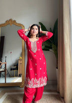 Evanik Designer Red Chinon With Beads Embroidered Work Kurta Set