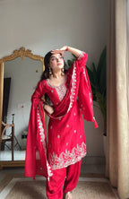 Evanik Designer Red Chinon With Beads Embroidered Work Kurta Set