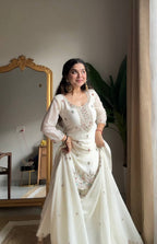 Evanik Designer White Chinon With Beads Embroidered Work Kurta Set