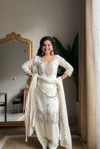 Evanik Designer White Chinon With Beads Embroidered Work Kurta Set