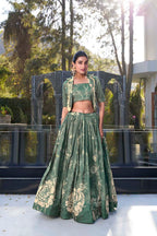 Evanik Women Tussar Silk With Floral Print Lehenga Blouse With Koti - Green