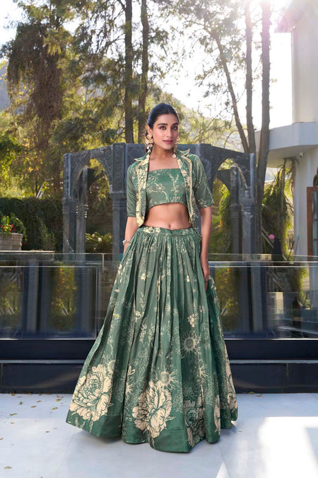 Evanik Women Tussar Silk With Floral Print Lehenga Blouse With Koti - Green