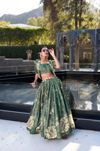 Evanik Women Tussar Silk With Floral Print Lehenga Blouse With Koti - Green