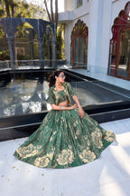 Evanik Women Tussar Silk With Floral Print Lehenga Blouse With Koti - Green
