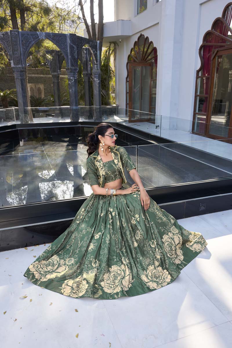 Evanik Women Tussar Silk With Floral Print Lehenga Blouse With Koti - Green