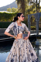 Evanik Women Tussar Silk With Floral Print Lehenga Blouse With Koti - Cream