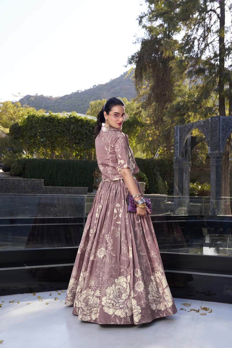 Evanik Women Tussar Silk With Floral Print Lehenga Blouse With Koti - onionpink