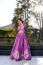Evanik Women Tussar Silk With Floral Print Lehenga Blouse With Koti - Purple