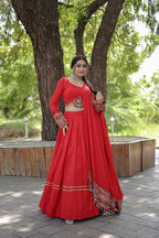 Lorenvalley Red Rayon with Real Mirror Embroidered Kutchi Thread work with codi Lehenga Choli
